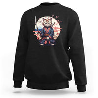 Black crewneck cat samurai sweatshirt with sword and cherry blossom graphic on chest