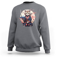 Charcoal gray crewneck cat samurai sweatshirt with sword and cherry blossom graphic on chest