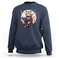 Navy crewneck cat samurai sweatshirt with sword and cherry blossom graphic on chest