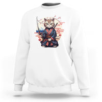 White crewneck cat samurai sweatshirt with sword and cherry blossom graphic on chest