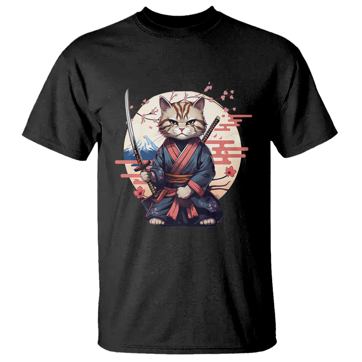 Samurai Cat T Shirt Japanese Aesthetic Vintage Cherry Bloosoms - Wonder Print Shop