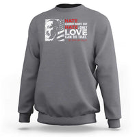 Gray crewneck sweatshirt with front graphic print in red and white