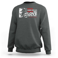 Charcoal gray crewneck sweatshirt with front graphic print in red and white