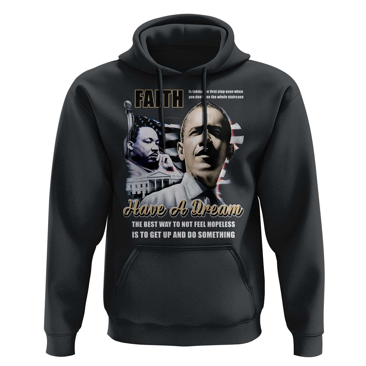 Men's black hoodie with front portrait graphic and “Have a Dream” text