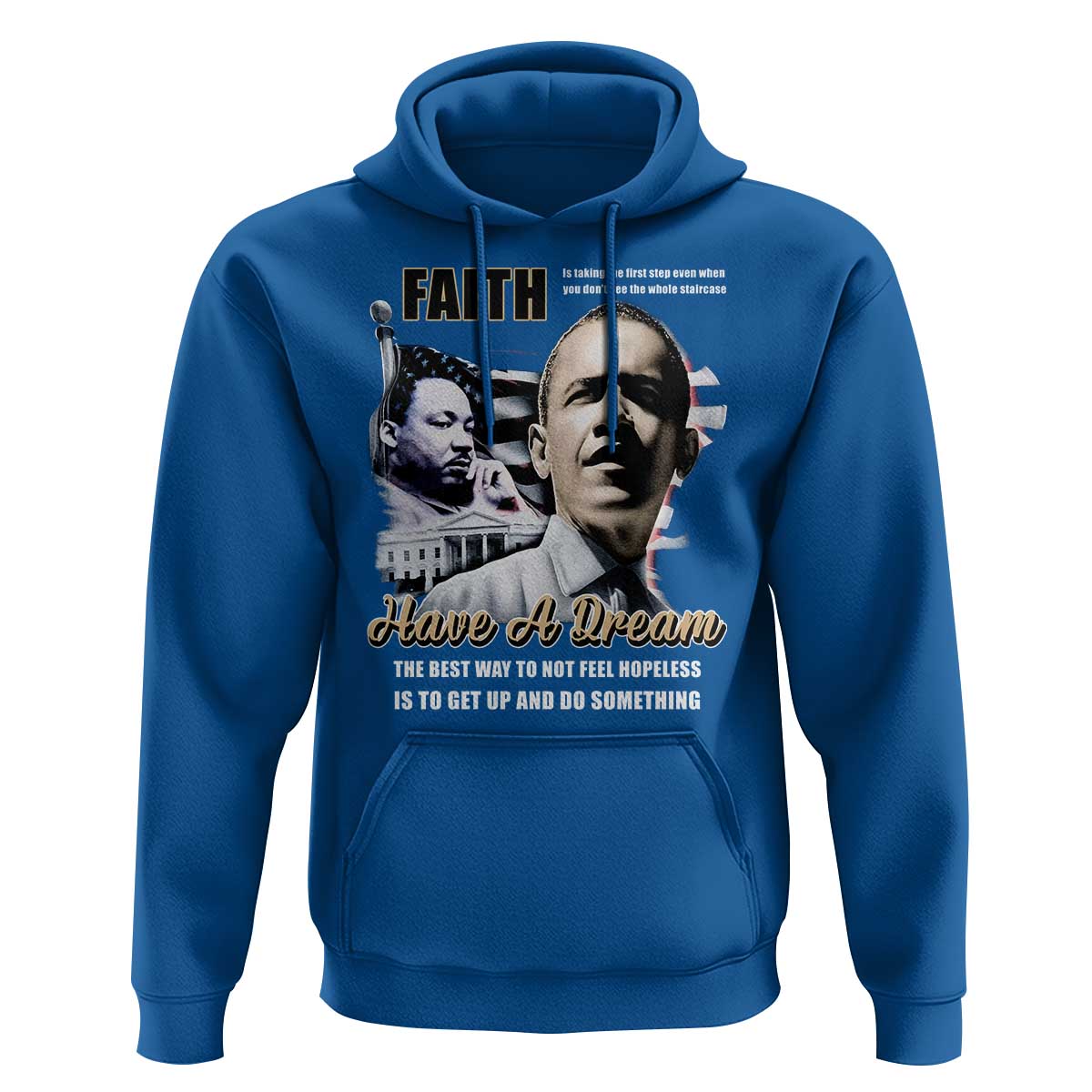 Men's royal blue hoodie with front portrait graphic and “Have a Dream” text