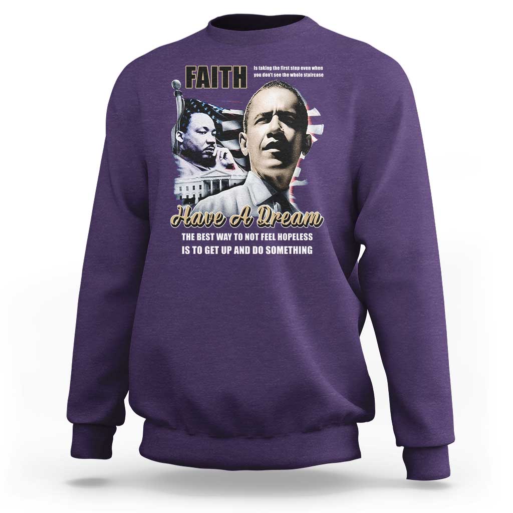 Purple crewneck sweatshirt with MLK 'Faith' graphic and 'Have a Dream' text