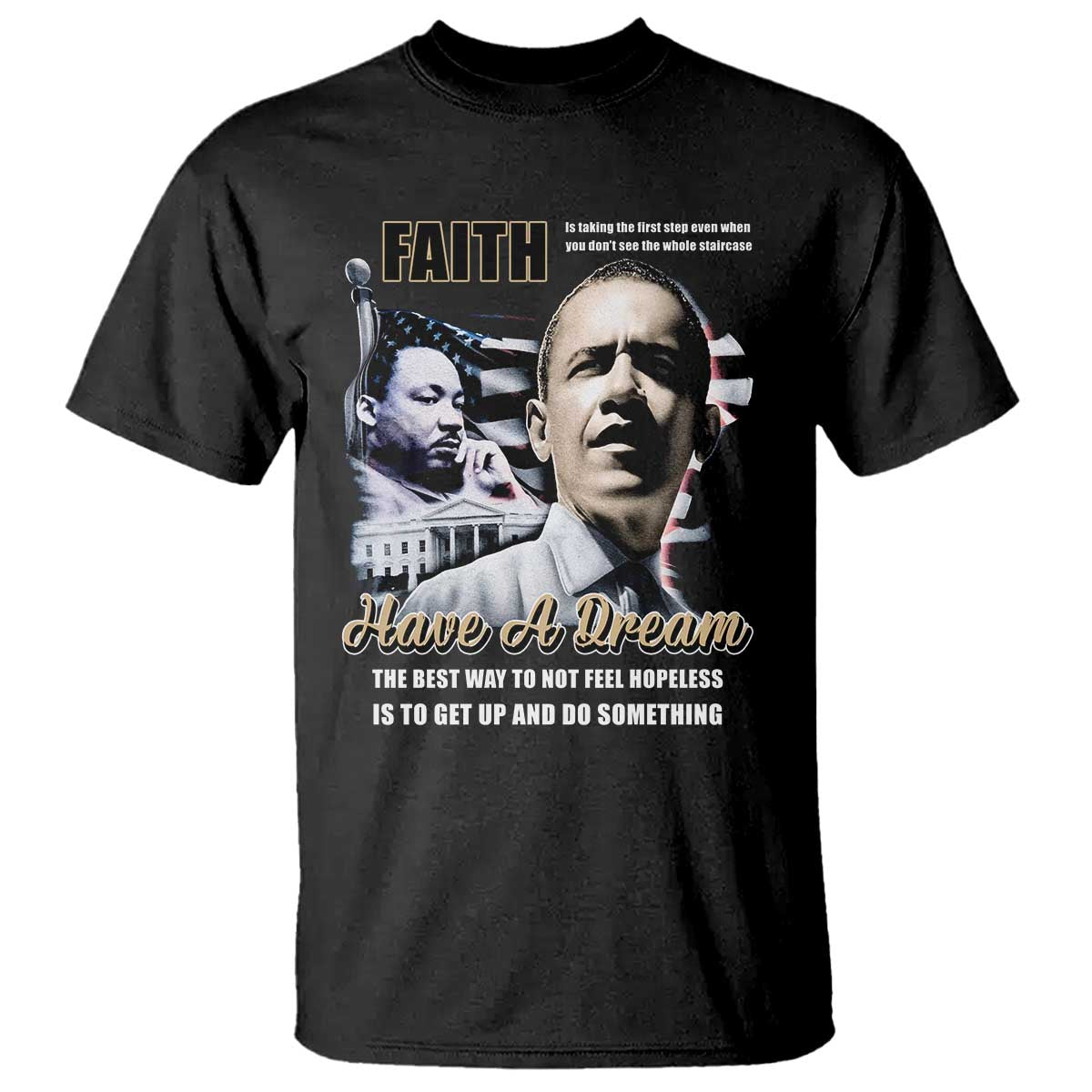 Black graphic T-shirt with portrait design and “Have a Dream” slogan on front