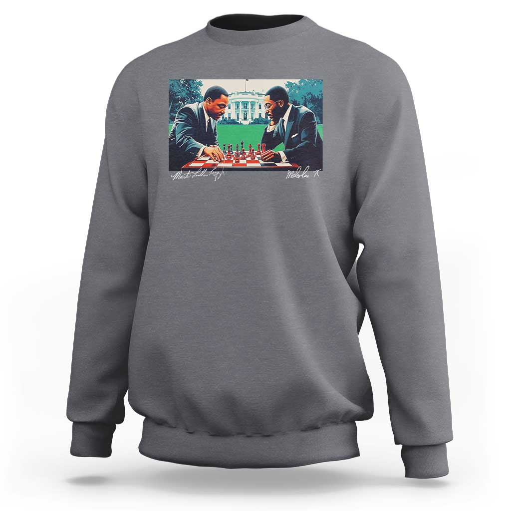 Charcoal gray crewneck sweatshirt with graphic print of two men playing chess on the back