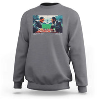 Charcoal gray crewneck sweatshirt with graphic print of two men playing chess on the back