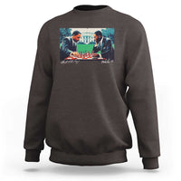 Dark chocolate crewneck sweatshirt with graphic print of two men playing chess on the back
