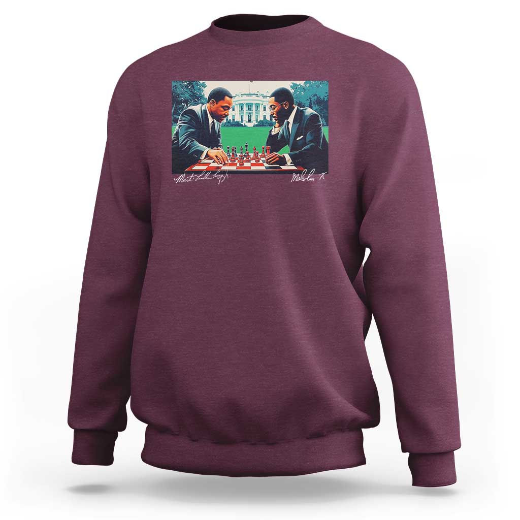 Maroon crewneck sweatshirt with graphic print of two men playing chess on the back