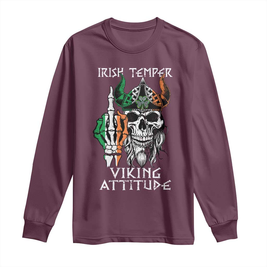 Maroon long-sleeve crewneck shirt with Viking skull graphic on front