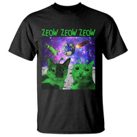 Black short-sleeve T-shirt with alien cat graphic and green 'ZEOW' text