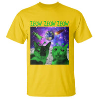 Yellow short-sleeve T-shirt with alien cat graphic and green 'ZEOW' text