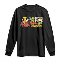 Black long-sleeve T-shirt with cartoon goose and yellow novelty text graphic