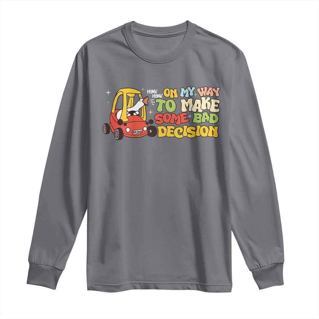 Charcoal gray long-sleeve T-shirt with cartoon goose and yellow novelty text graphic