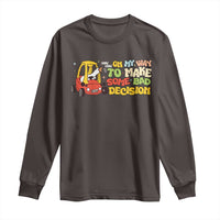 Dark chocolate brown long-sleeve T-shirt with cartoon goose and yellow novelty text graphic