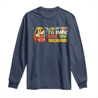 Navy long-sleeve T-shirt with cartoon goose and yellow novelty text graphic