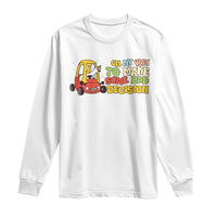 White long-sleeve T-shirt with cartoon goose and yellow novelty text graphic