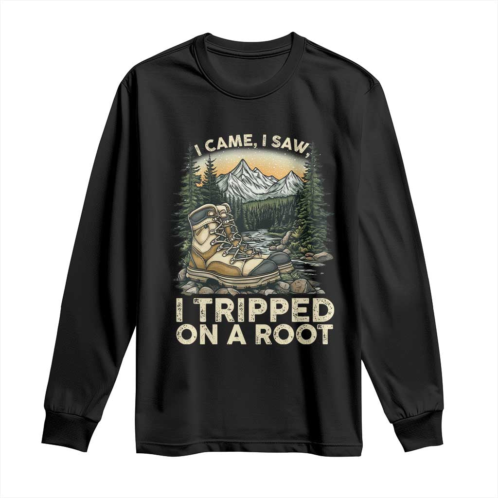 Men’s hiking long sleeve shirt, black with “I Tripped on a Roo(t)” graphic on chest