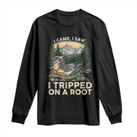 Men’s hiking long sleeve shirt, black with “I Tripped on a Roo(t)” graphic on chest