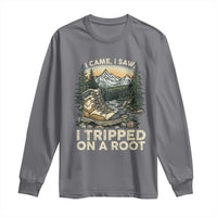 Men’s hiking long sleeve shirt, charcoal gray with “I Tripped on a Roo(t)” graphic on chest