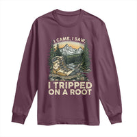 Men’s hiking long sleeve shirt, maroon with “I Tripped on a Roo(t)” graphic on chest