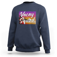 Navy crewneck sweatshirt with 'Vacay Squad' colorful beach graphic on chest.