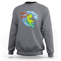 Charcoal gray sweatshirt with "Vacay Mode" dinosaur surfing graphic