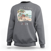 Girls' graphic sweatshirt, charcoal gray, palm-beach front print with "Girls' Trip" and "2024".