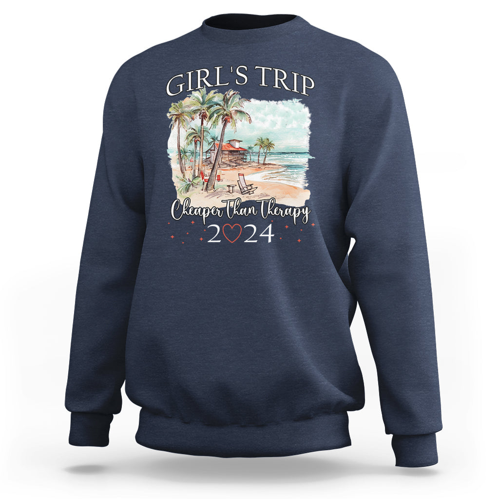 Girls' graphic sweatshirt, navy, palm-beach front print with "Girls' Trip" and "2024".