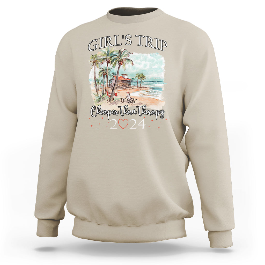 Girls' graphic sweatshirt, sand beige, palm-beach front print with "Girls' Trip" and "2024".