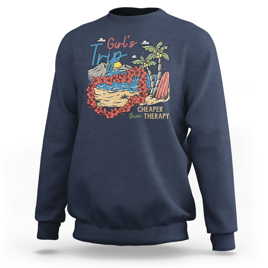 Navy girls' trip sweatshirt with colorful beach graphic on the front