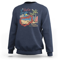 Navy girls' trip sweatshirt with colorful beach graphic on the front