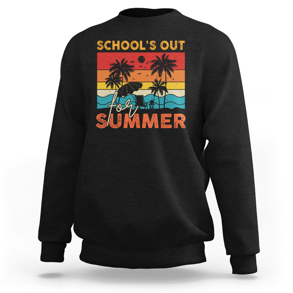 Black crewneck sweatshirt with “School’s Out for Summer” beach graphic on front