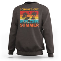 Dark chocolate crewneck sweatshirt with “School’s Out for Summer” beach graphic on front