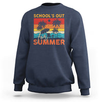 Navy crewneck sweatshirt with “School’s Out for Summer” beach graphic on front