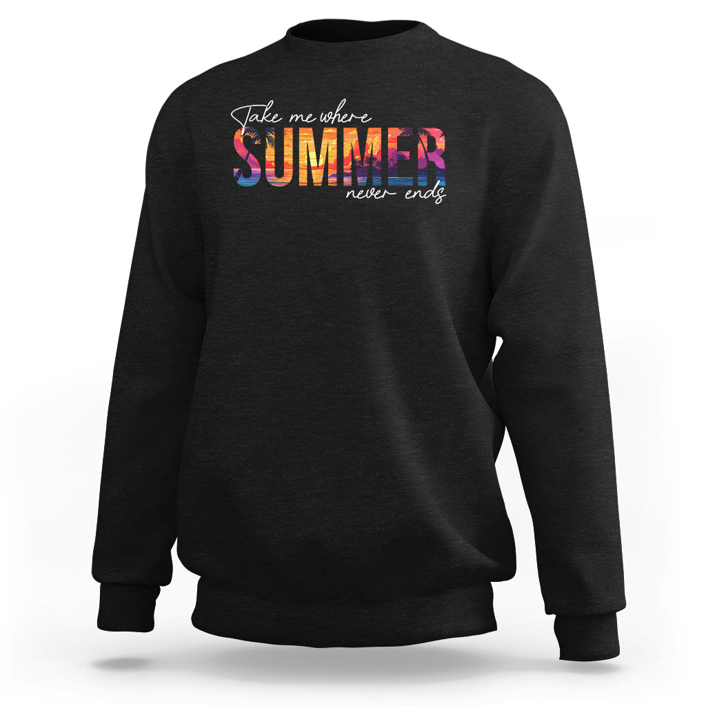Black crewneck sweatshirt with colorful 'SUMMER never ends' graphic on chest