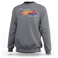 Charcoal gray crewneck sweatshirt with colorful 'SUMMER never ends' graphic on chest
