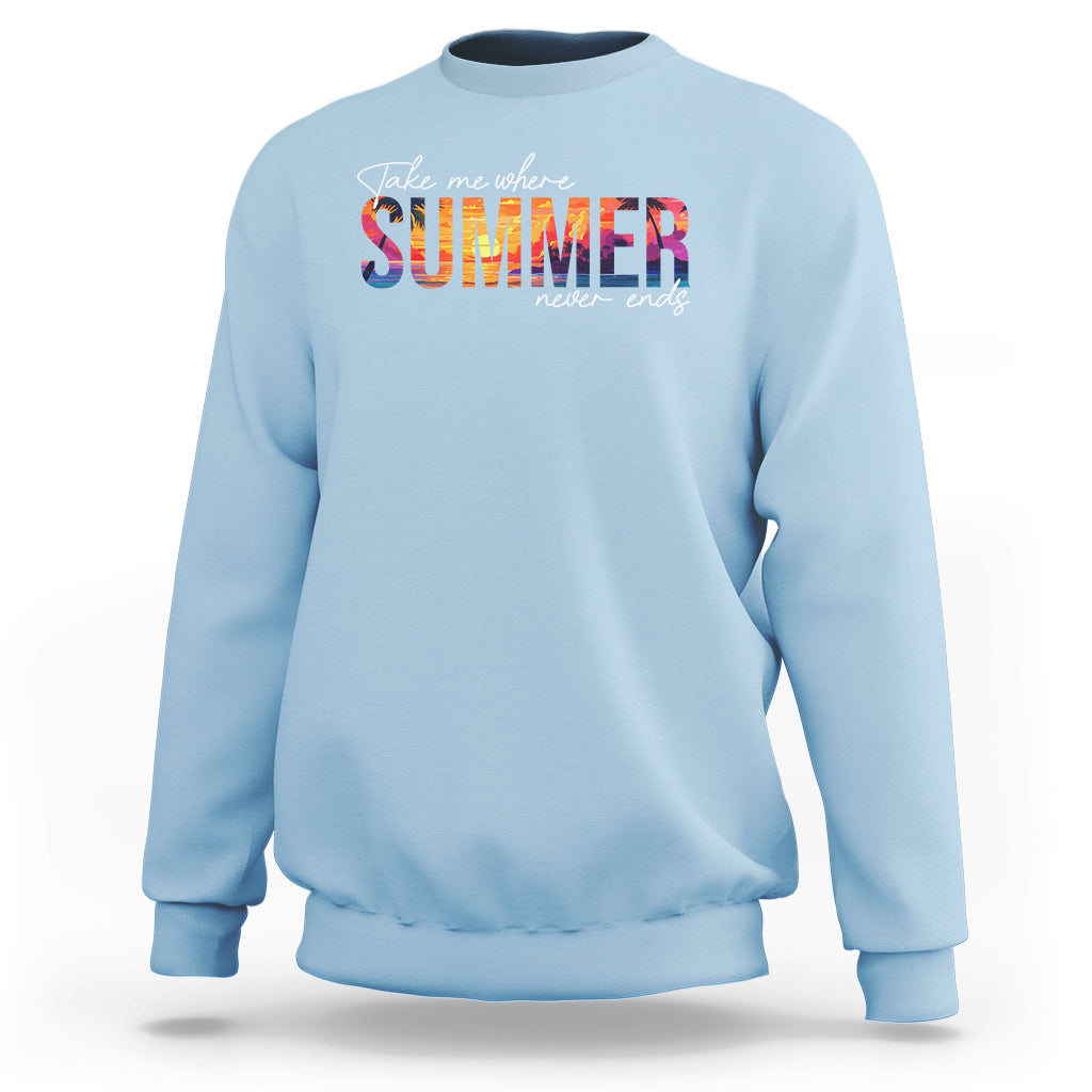 Light blue crewneck sweatshirt with colorful 'SUMMER never ends' graphic on chest
