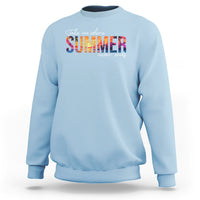 Light blue crewneck sweatshirt with colorful 'SUMMER never ends' graphic on chest