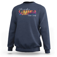 Navy crewneck sweatshirt with colorful 'SUMMER never ends' graphic on chest