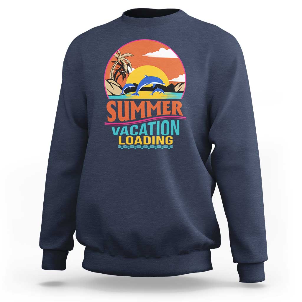 Navy crewneck sweatshirt with Summer Vacation Loading beach graphic