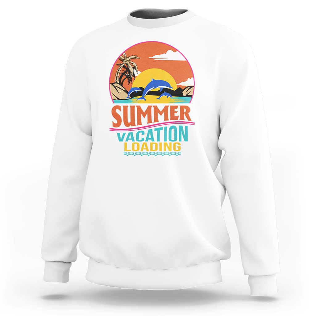 White crewneck sweatshirt with Summer Vacation Loading beach graphic