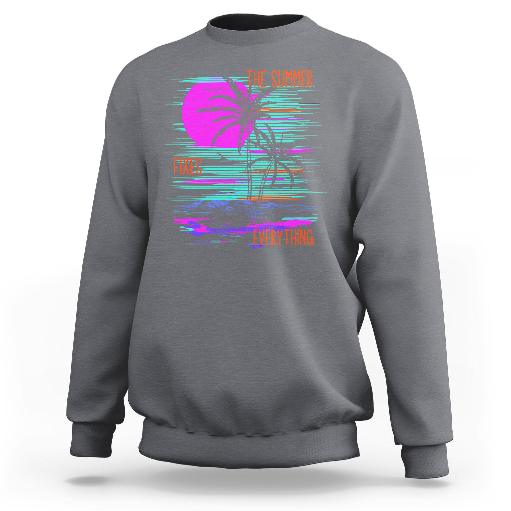 Charcoal crewneck sweatshirt with neon palm tree graphic print