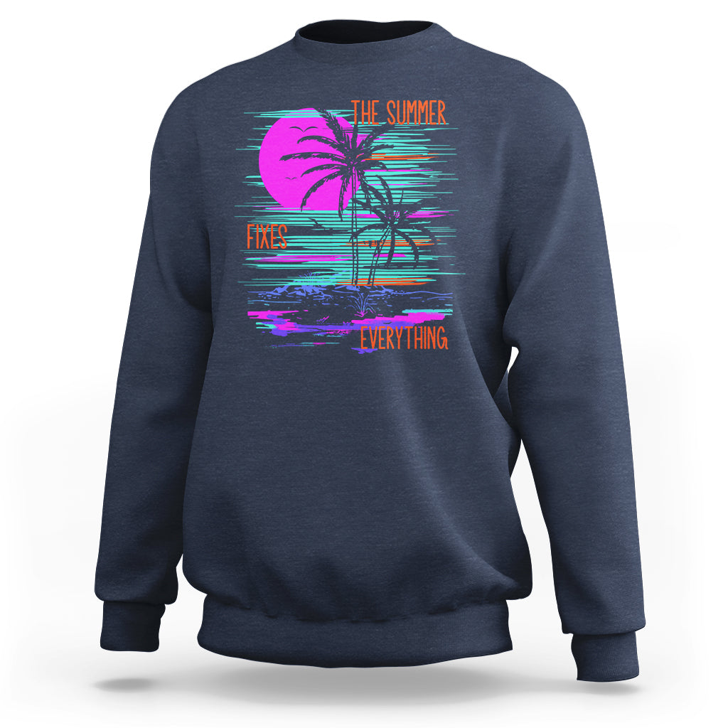 Navy crewneck sweatshirt with neon palm tree graphic print