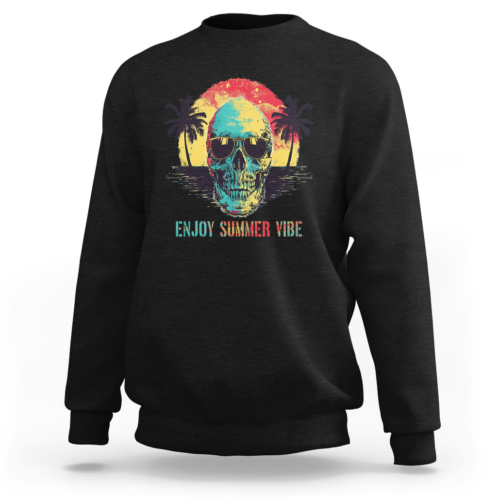 Black crewneck sweatshirt with colorful skull, sunglasses, and tropical “Enjoy Summer Vibe” graphic