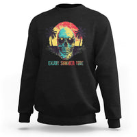 Black crewneck sweatshirt with colorful skull, sunglasses, and tropical “Enjoy Summer Vibe” graphic