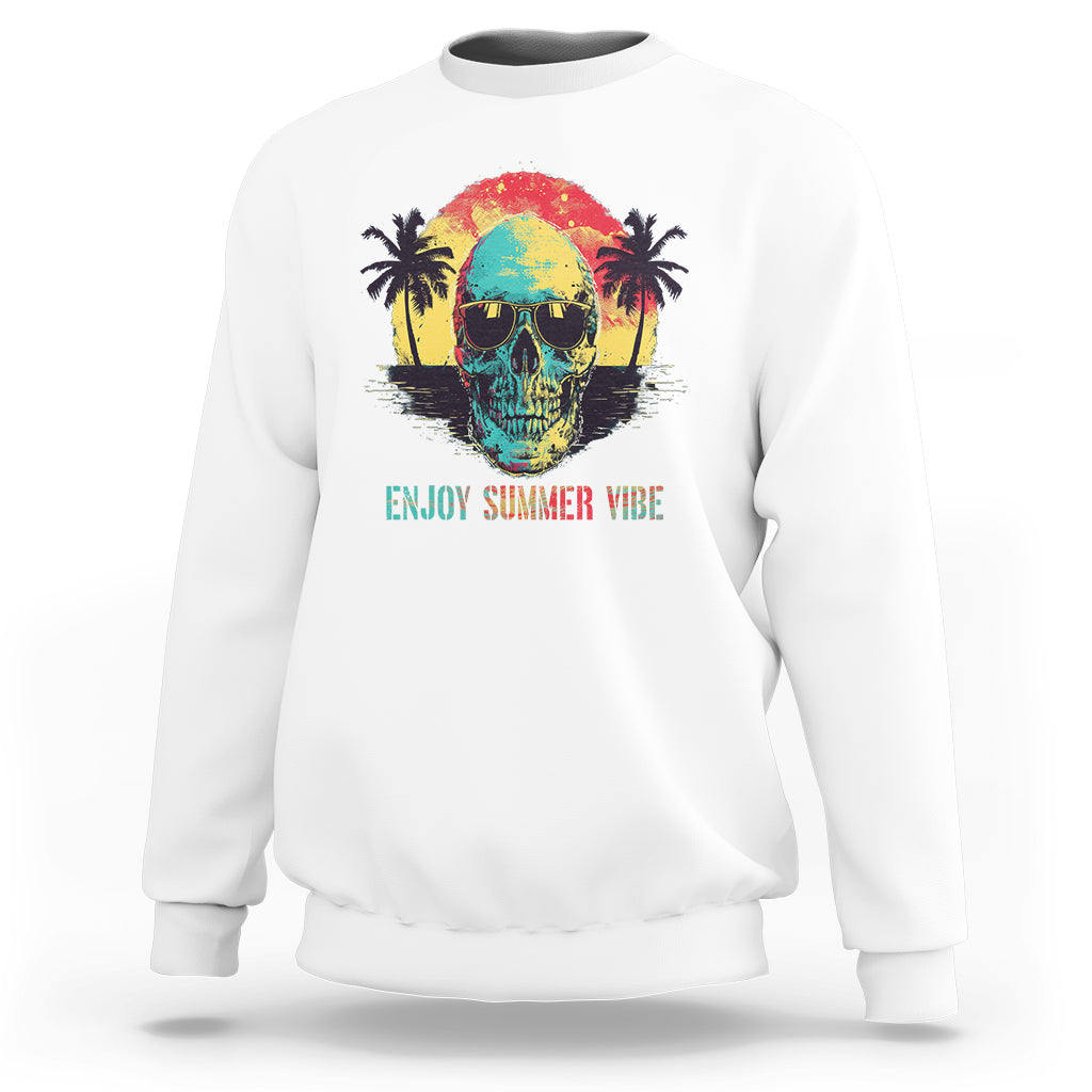 White crewneck sweatshirt with colorful skull, sunglasses, and tropical “Enjoy Summer Vibe” graphic