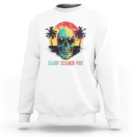 White crewneck sweatshirt with colorful skull, sunglasses, and tropical “Enjoy Summer Vibe” graphic